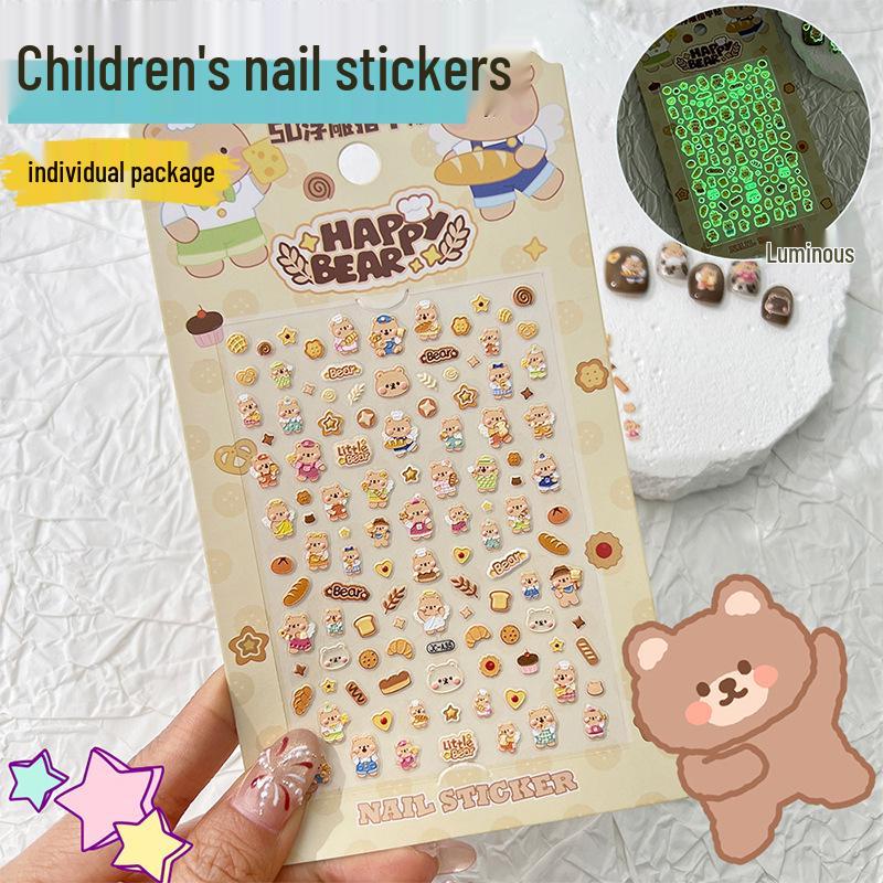 Luminous 5D Embossed Little Bear Nail Stickers for Kids - Waterproof Decorative Decals