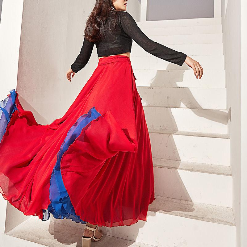 

Женская двусторонняя юбка 720 градусов атласная длинная юбка длинная юбка для танца живота длинная юбка для танцевальных тренировок однотонная танцевальная юбка 3XL