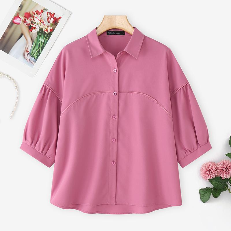 ZANZEA Women Turn Down Collar Casual 3/4 Sleeve Loose Blouse
