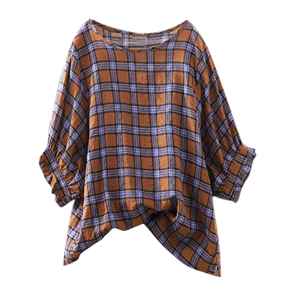 

(SU)Женская повседневная свободная футболка с коротким рукавом и принтом в виде решетки, верхняя блузка