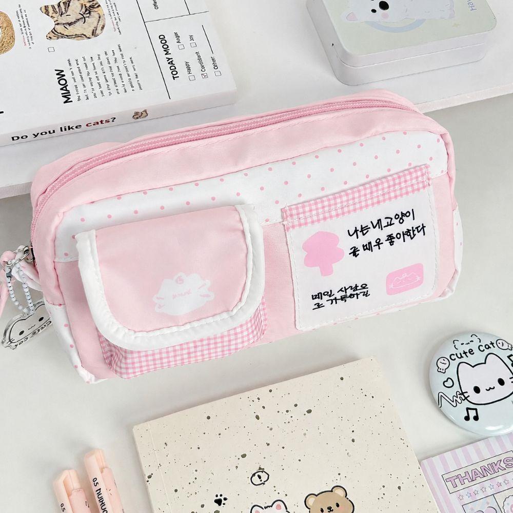 Cat Print Pen Bag Pink White Pencil Pouch Durable Stationery Organizer School Supplies