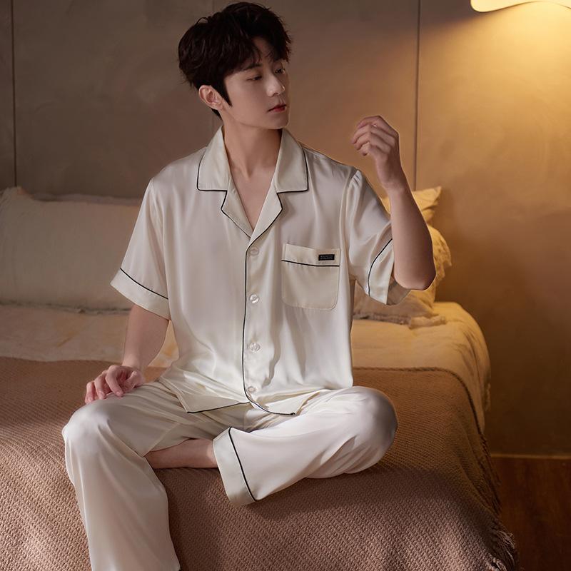Pajamas men's satin ice silk summer short sleeves solid color simple high-end simulation silk men's loungewear set large size