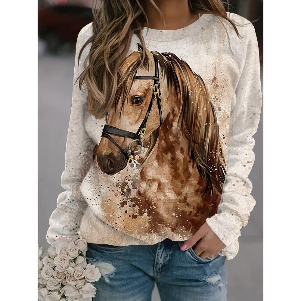 Fashion Women's Sweatshirt Horse Graphic Print Sweatshirt Casual Long Sleeve Crew Neck Pullover Clothing