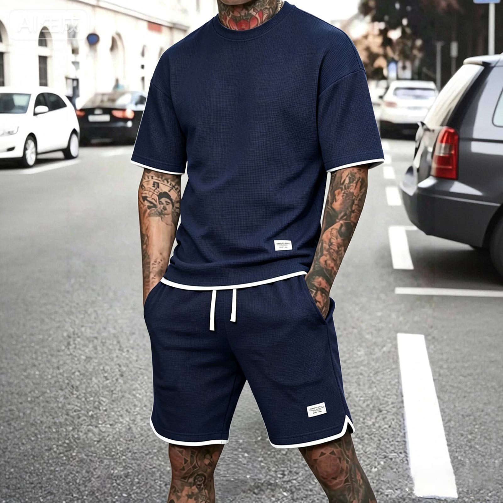 

Men’s Casual Short Sleeve Crew Neck T Shirt and Shorts Set Athletic Fit Two Piece Outfit for Everyday Wear and Sports Activities XL тёмно-синий