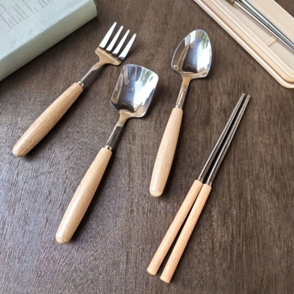 Stainless Steel Wooden Rice Soup Cake Fruit Fork Coffee Dessert Spoon for Family Dining