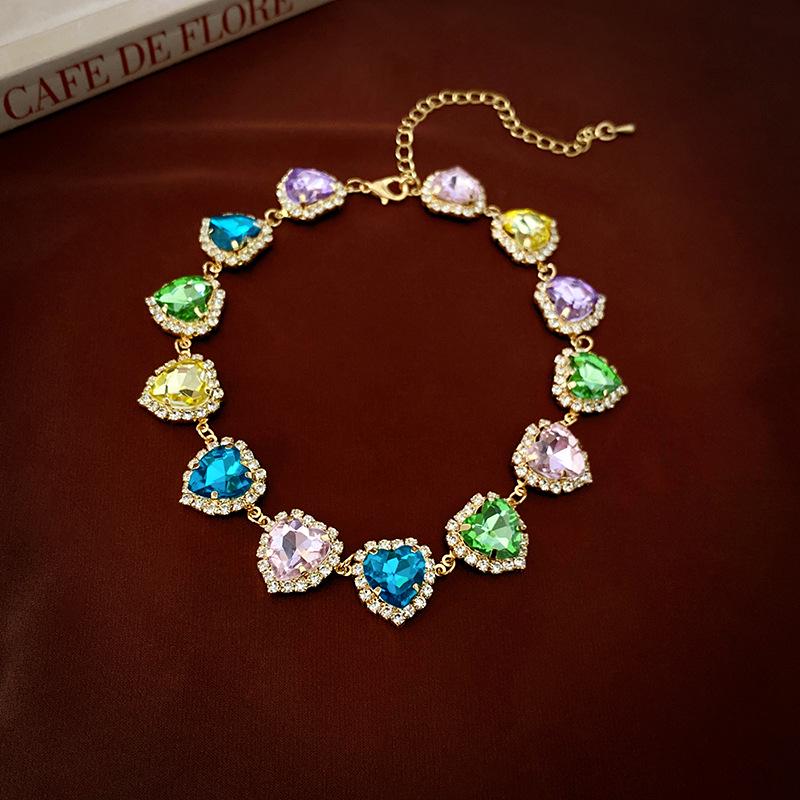 Colorful Rhinestone Heart Choker Necklace - French High-End Luxury Fashion for Women