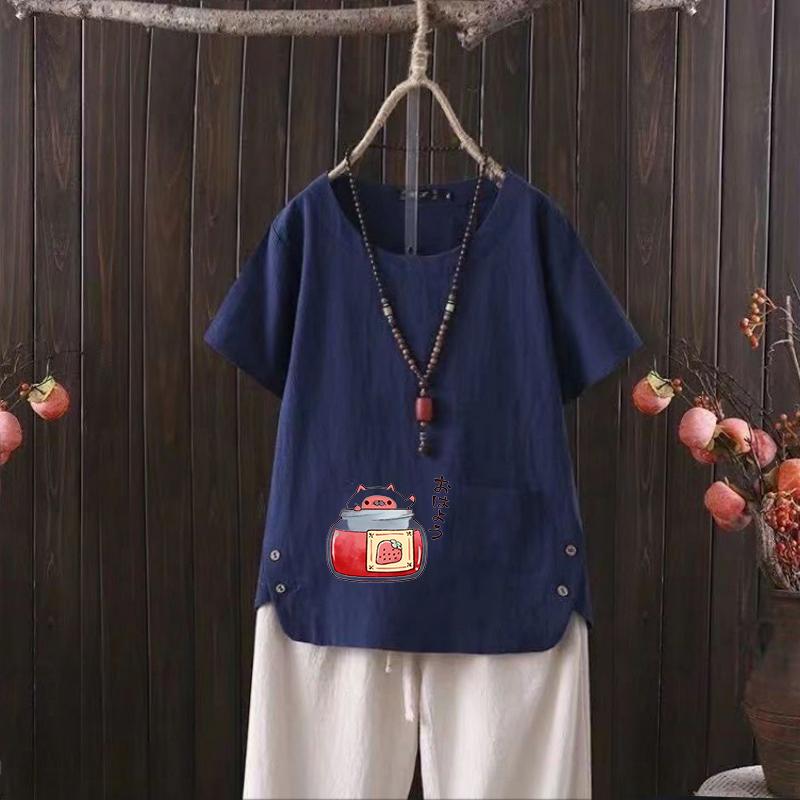 

2025 Summer Cartoon Can Print V-neck Cotton Hemp Women s T-shirt - Casual & Chic 4XL темно-синий