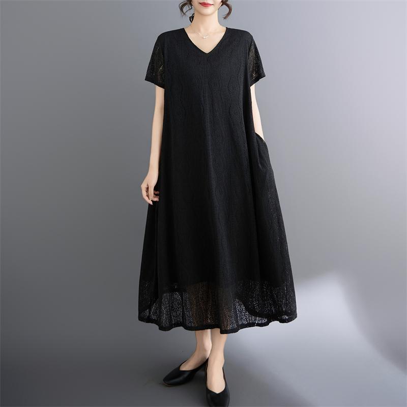 

DIMANAF Новое летнее платье больших размеров 2025 для женщин, однотонное винтажное повседневное платье с V-образным вырезом, свободное платье макси 2XL чёрный