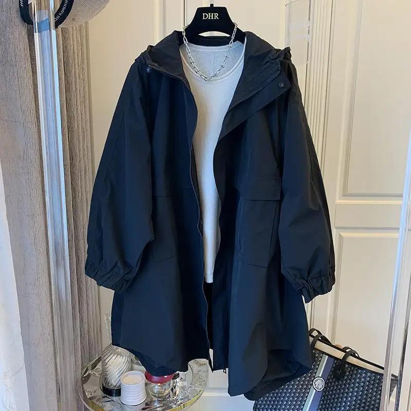 Versatile Loose-fit Casual Women's Trench Jacket Hooded Medium-length Spring Autumn Fashion Outerwear