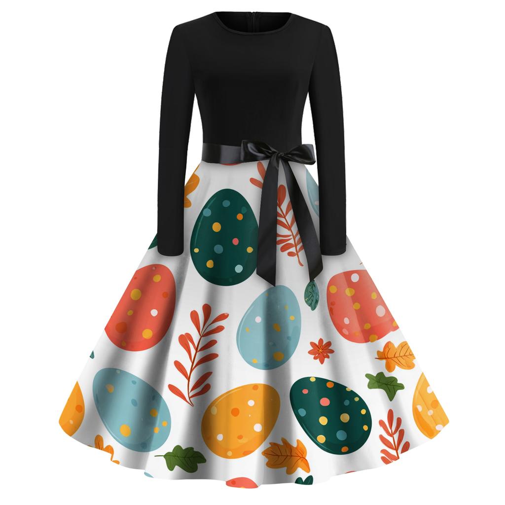 Women's Fashion Round Neck Casual Slim-fit Easter Printed Large Swing Long Sleeve Dress