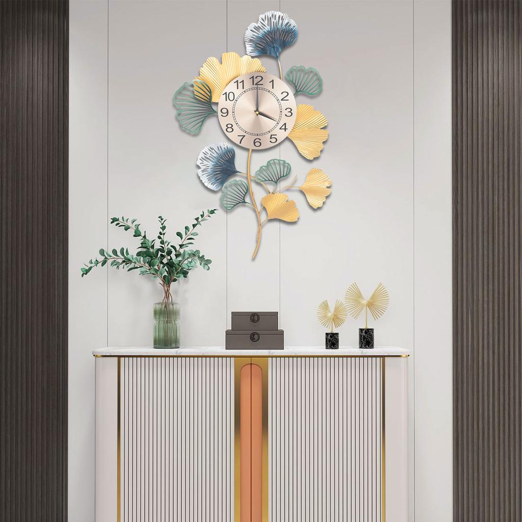 Ginkgo Leaf Wall Clock, Modern Metallic Finish, Large Battery Operated Silent Non-Ticking, 16x30 Inches, Farmhouse Kitchen Decor