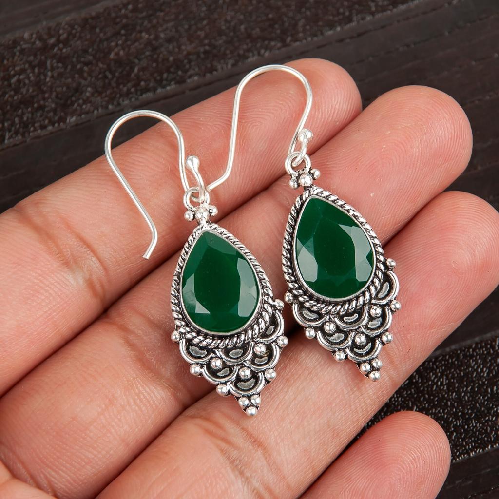 Grön Onyx Ädelsten 925 Sterling Silver Smycken Handgjorda Bröllopsörhängen 1,9" EE-85-16