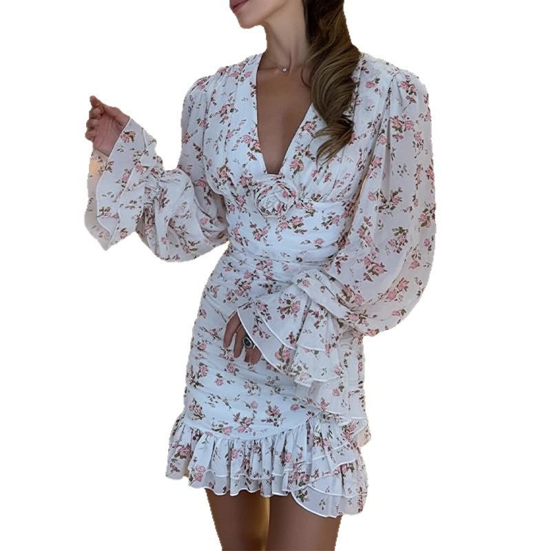 Spring 2026 New Cross-border European and American Foreign Trade Women's Clothing, French Sweet Floral Lotus Leaf Slim Dress