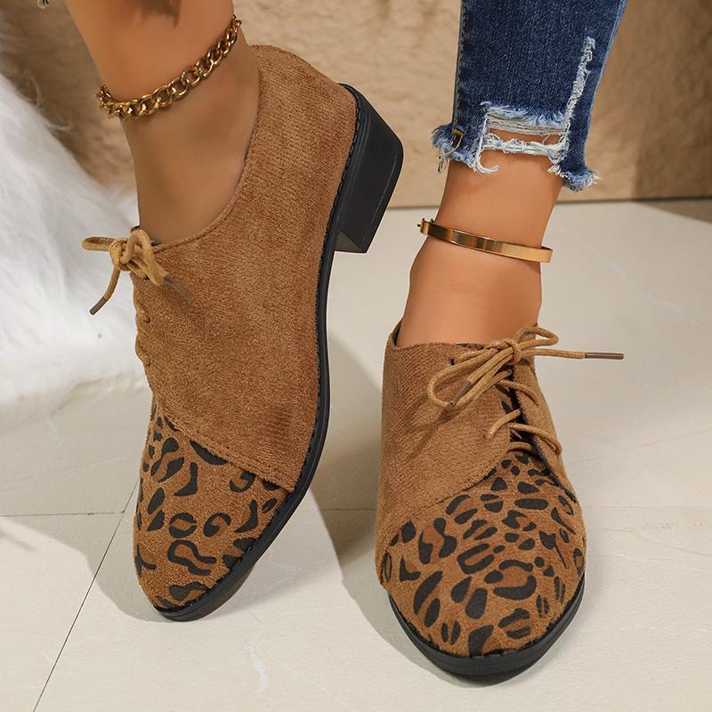 Fashion Vintage Leopard Print Derby Shoes for Women Casual Faux Suede Lace Up Work Shoes Woman Lightweight Comfortable Low Heel Loafers