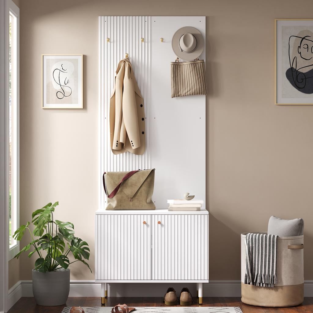 Wardrobe Cabinet, Clothes Shelf, Shoe Cabinet, Hallway Combination Cabinet, PB+MDF Cabinet, Coat Rack Wall with Hooks, Cylindrical Metal Feet