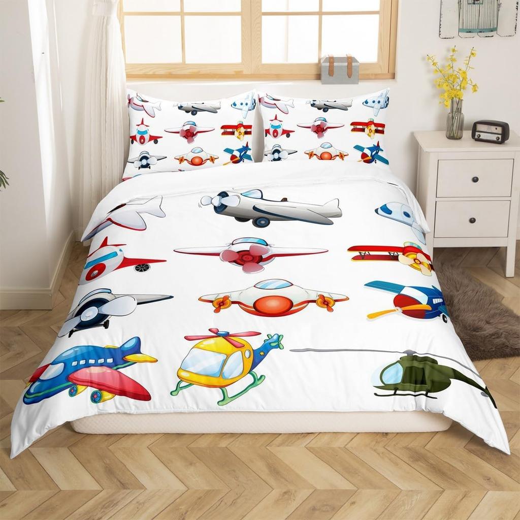 Kids Aircraft Bedding Set 3D Army Airplane Duvet Cover for Boys Girls Cartoon Aircraft Quilt Cover Plane Airliner Bedding 2Pcs