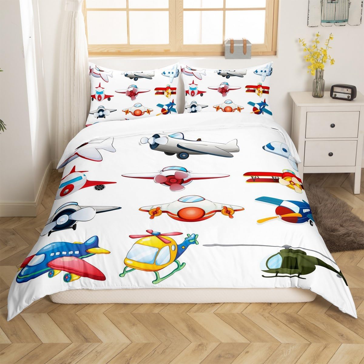 Ensemble de literie pour enfants Avion 3D Avion Militaire Housse de couette pour garçons filles Avion de dessin animé Housse de couette Avion Avion de ligne Literie 2 pièces 100x135cm 2pcs beige