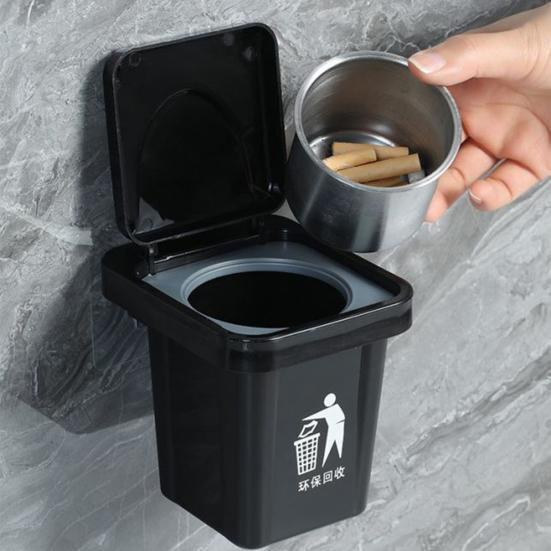Trash Can Ashtray with Lid Removable Stainless Steel Inner Heavy Duty No Drill Wall Mount Home Office Countertop Decorative Ash Holder Storage Box