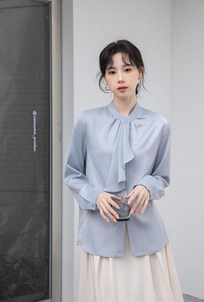 [SYitong] Women's Long-Sleeved Plain Blouse, Stylish, Washable, Collarless, White/Pink, Lined, Business/Office, Cute, Popular, Date, Outing, Commuting