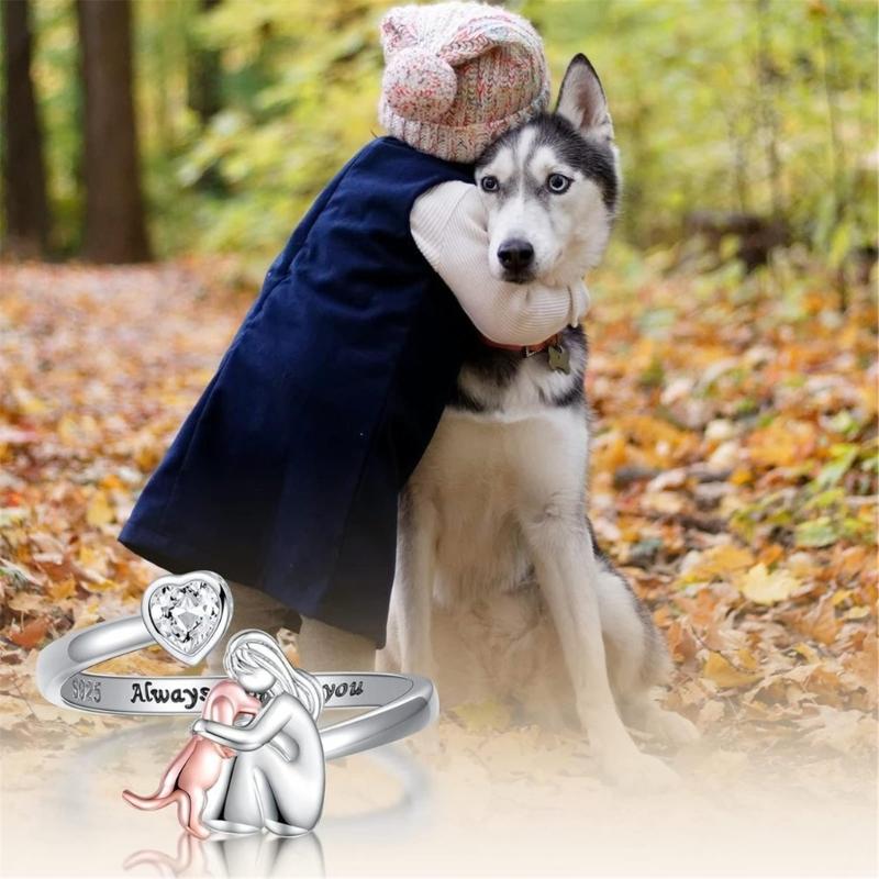 Electroplated Adjustable Heart Rings With Girl and Dog Charm Sturdy Designs for Animal Lovers and Fashion Enthusiasts
