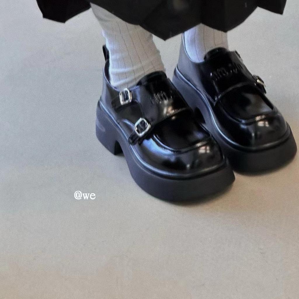 Miu's Home~ Super Soft Sheepskin Thick-soled Thick-heeled Small Leather Shoes Women's Round Head Fashionable Double Buckle with British Style Love