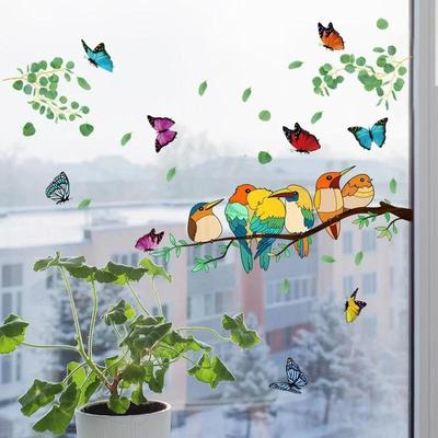 Decoración de Pared para el Hogar Rama de Doble Cara Pájaro Colorido Mariposa Adhesivo de Pared Adhesivo de Pared Visual Electrostático para Ventana de Cristal