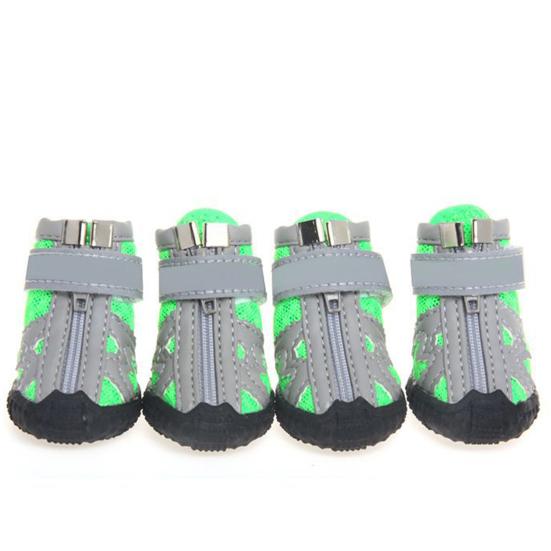 

4 шт. обувь для собак, светоотражающая дышащая сетчатая ткань, спортивные ботинки на молнии для щенков для прогулок 1 зелёный