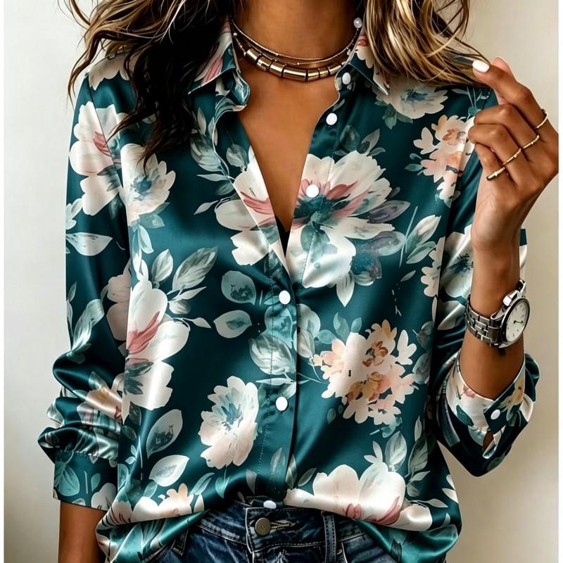 Dames Satijnen Blouse met Lange Mouwen Vintage Grote Pioenroos Bloemenprint Blouse Kraag Enkelrijig Losse Kantoor Tops