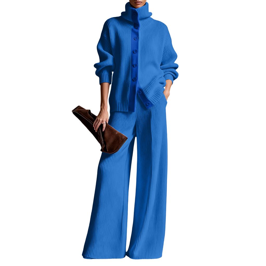 Women's High-Neck Color Cardigan Long-Sleeved Top And Wide-Leg Pants Knit Two-Piece Set