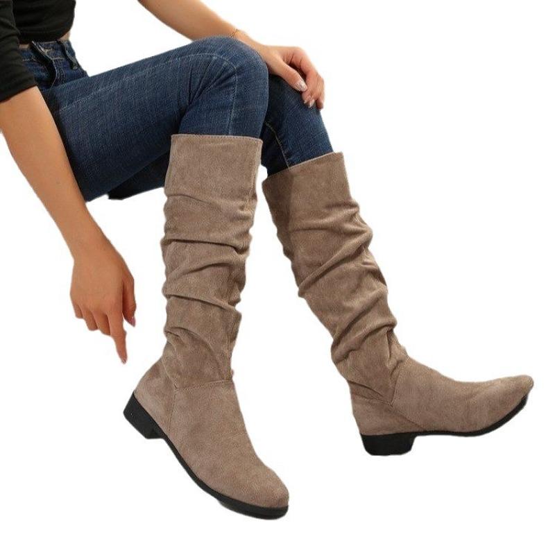European and American Large Size Pile Suede Foot Western Boots Women's Tall Tube Round Head Solid Color Thick Heel Flat Bottom Fashion Boots