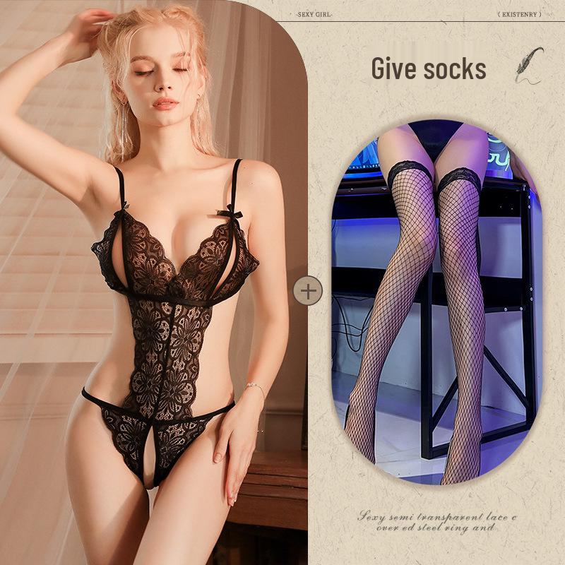 Midnight Whisper: Women's Sexy Lace Lingerie Bodysuit Set with Alluring Hollowed Design