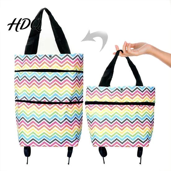 Outdoor Picnic Utility Tote Foldable Shopping Bag with Wheels Heavy-Duty Waterproof Oxford Cloth Grocery Cart Space Saving Organizer Reusable Roller