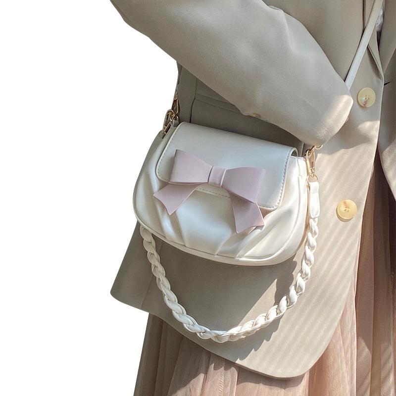 Summer Sweet and Cute Bow Small Round Bag, Pleated Cloud Bag Soft Shoulder Messenger Bag Women