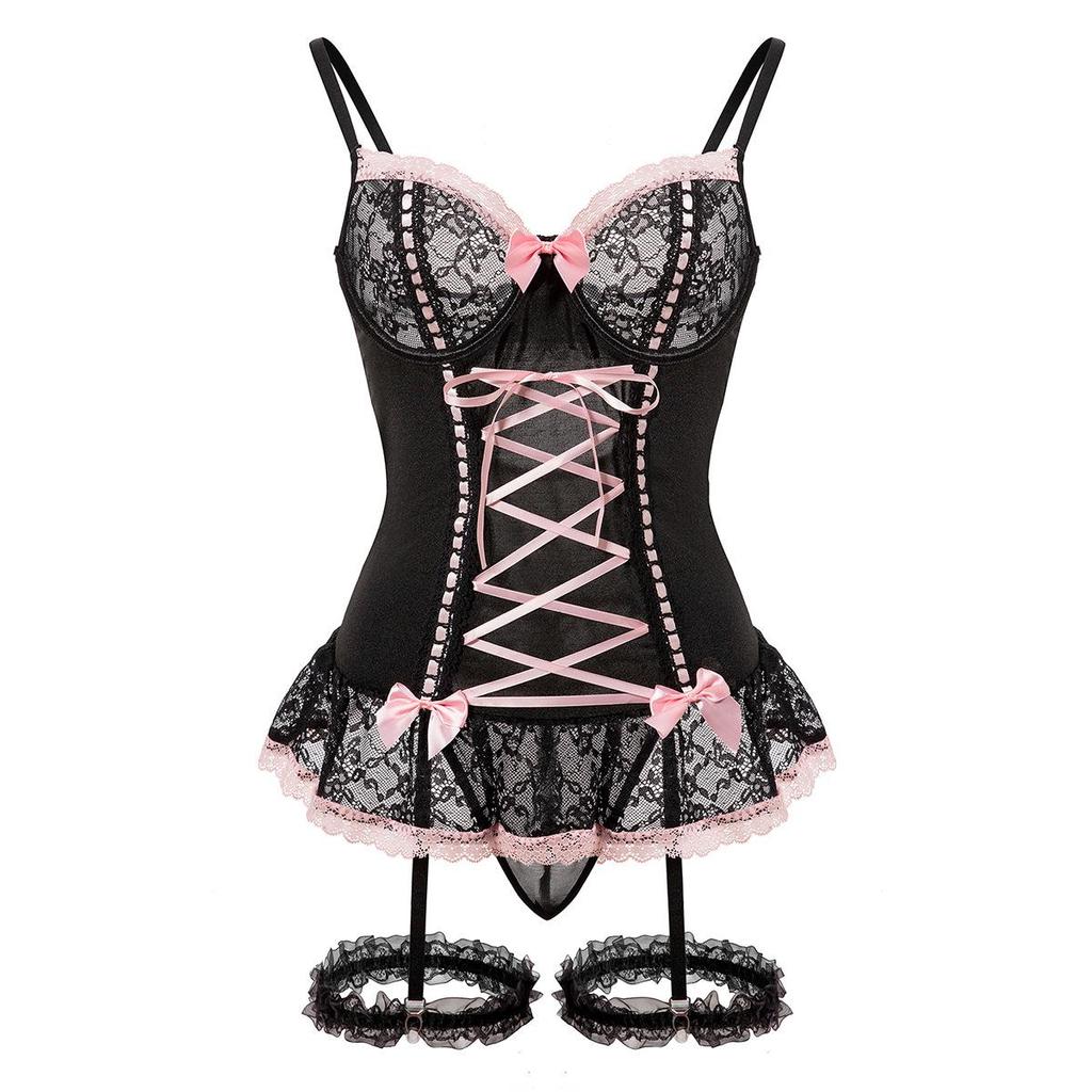 European & American Sexy Lace Lingerie: Pure Desire Style with Bow & Leg Accent, One-Piece for Girls.