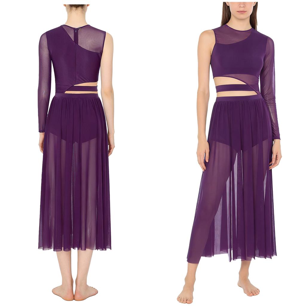 Womens Modern Lyrical Dance Costume Cutout Patchwork Sheer Mesh Latin Dance Dresses Ballroom Dancewear