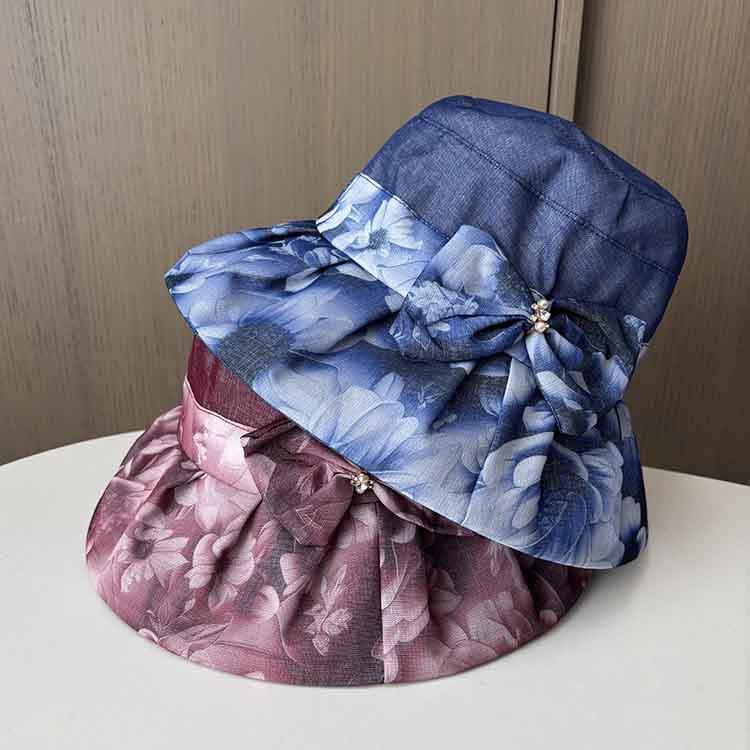 Wide-brimmed sun hat women's summer fashion printing foldable thin organza basin hat, sun hat for shopping