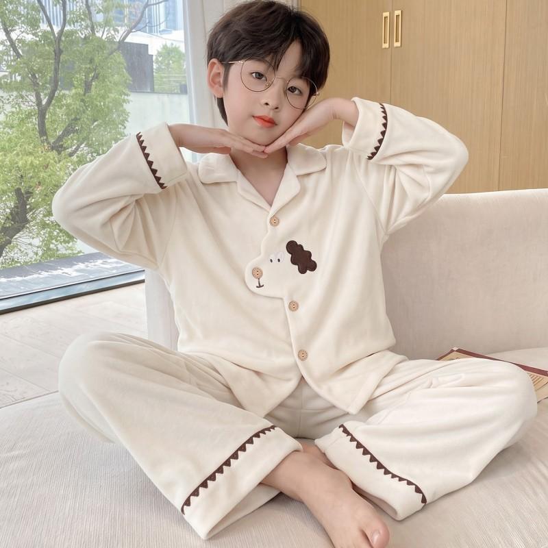 Boys Warm Fleece Pajama Set Long Sleeve Cartoon Print Sleepwear Kids 8 Years Home Wear Fall