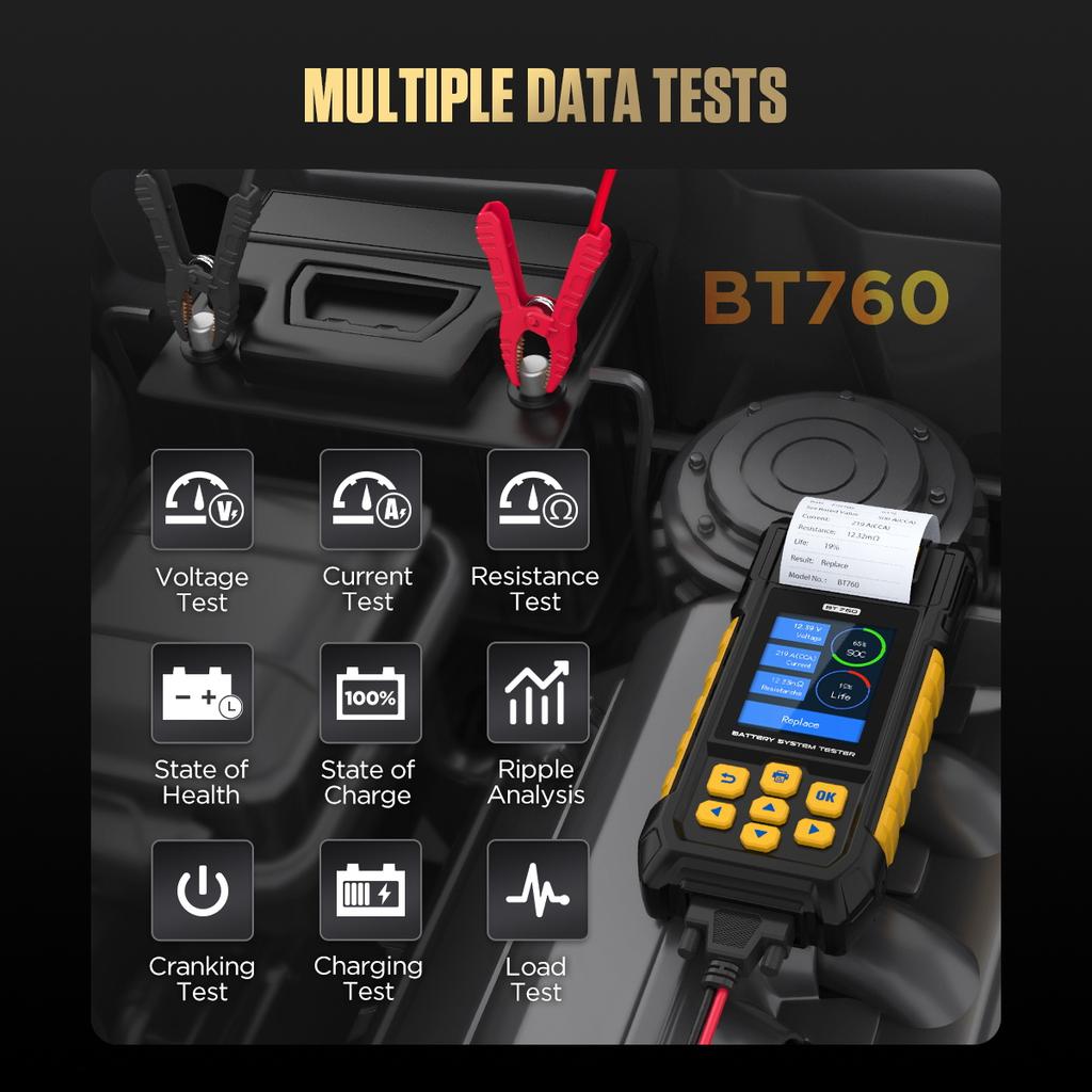 AUTOOL BT760 12/24V Car Battery Tester with Printer Battery Cranking Charging Test Analyzer for trucks&cars&motorcycles
