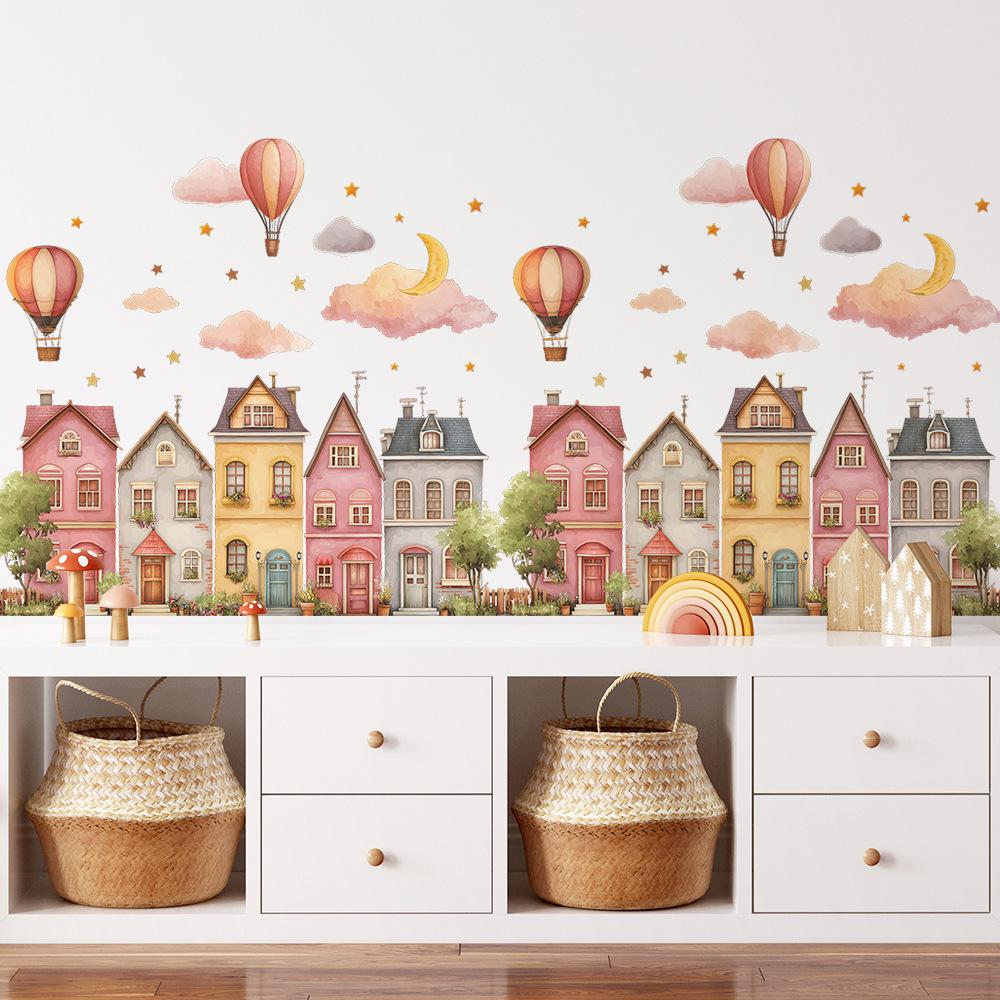 Malowane Miasto Bajkowe Balon na Gorące Powietrze Gwieździste Niebo Dekoracyjne Naklejki Ścienne do Sypialni