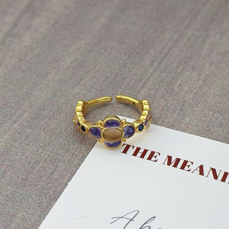 Purple Brilliant Enamel Medieval Vintage Open Ring Retro Personality Niche High Sense Stacked Index Finger Ring