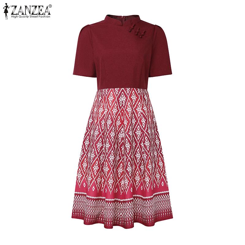 ZANZEA Women Summer Stand Collar Casual Short Sleeve Print Dress