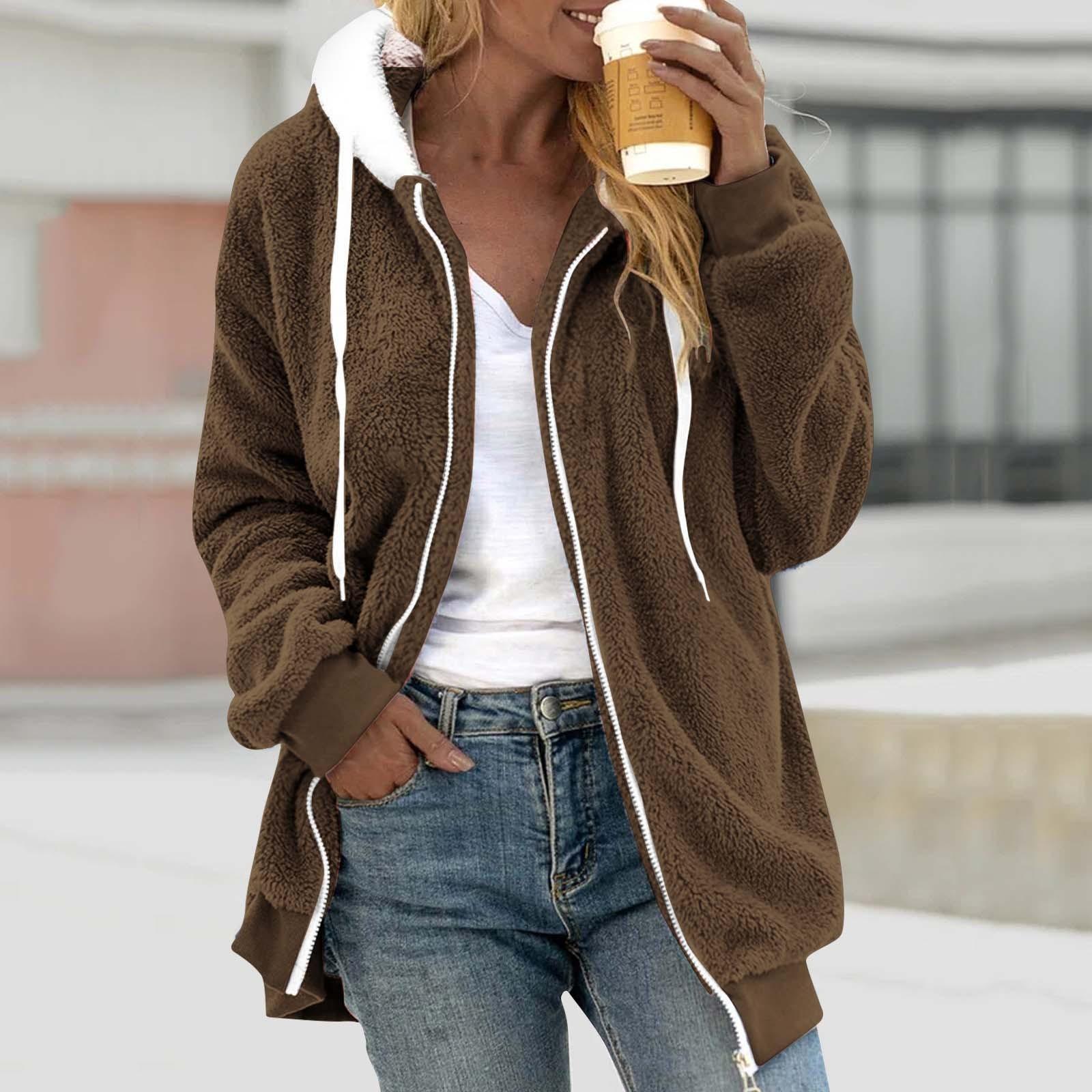 

Жіноча вільна плюшева багатобарвна куртка з капюшоном і блискавкою великого розміру XXXXXL кавовий