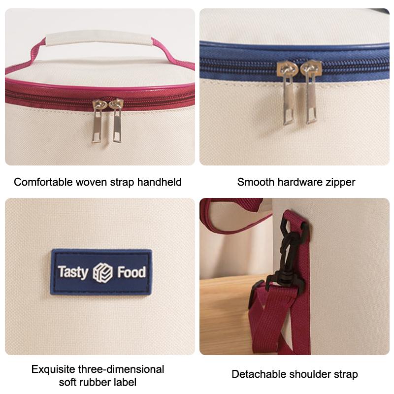 Sac de prânz portabil de mare capacitate, cutie de prânz izolată, cilindric, proaspăt, cutie rotundă din folie de aluminiu, geantă termică pentru alimente.