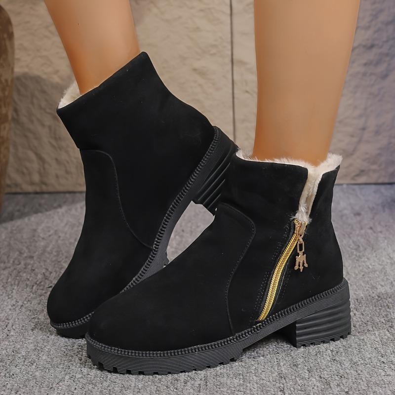 Fashion Winter New Square Heel Cotton Boots Fashion Round Toe Suede Side Zipper Platform Anti-Slip Wear-Resistant Booties