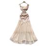 French holiday style sleeveless satin slanted shoulder dress women's summer atmosphere high waist splicing temperament elegant long dress