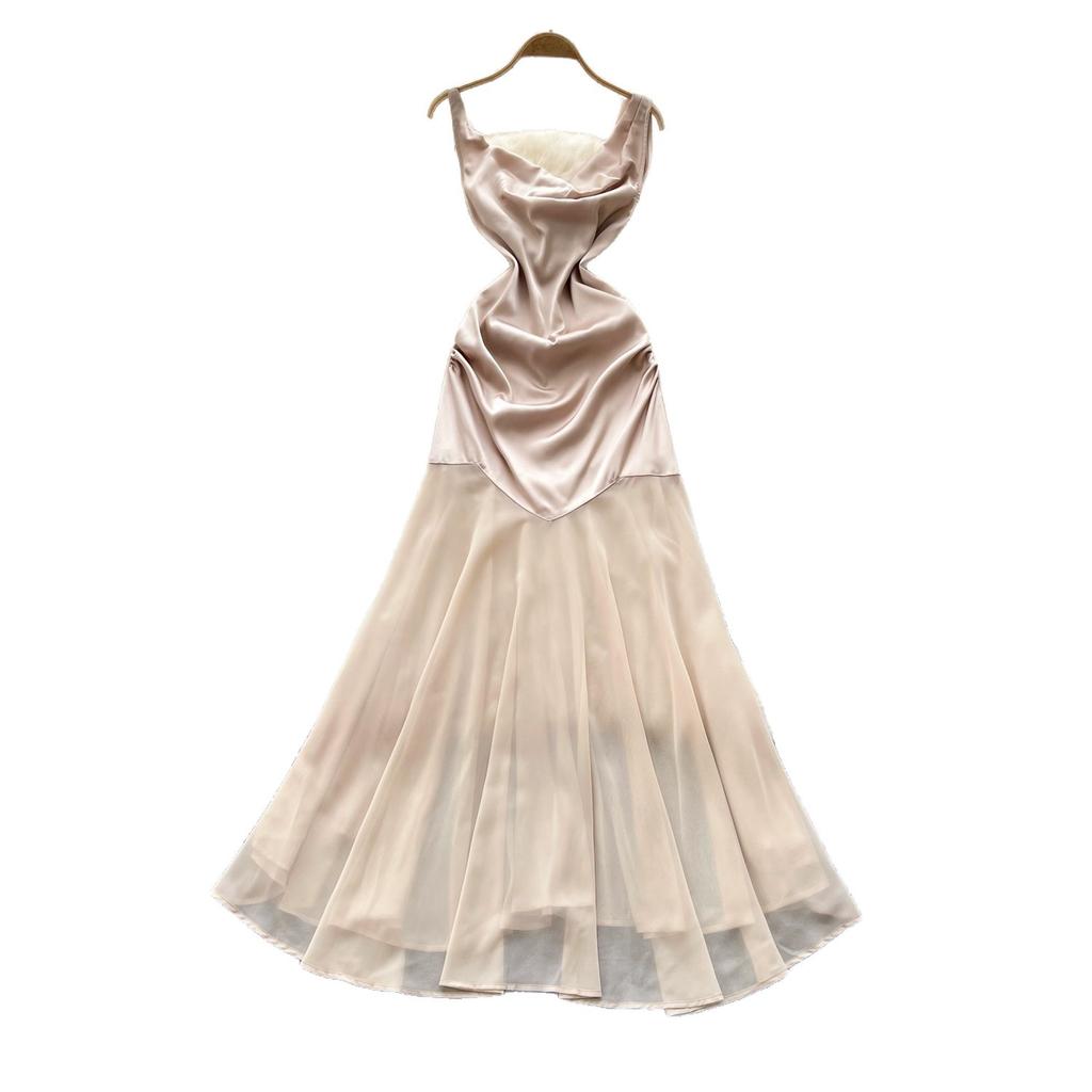 French holiday style sleeveless satin slanted shoulder dress women's summer atmosphere high waist splicing temperament elegant long dress
