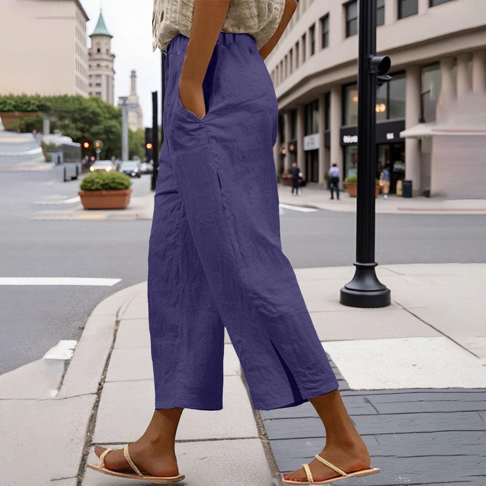 

Женские однотонные брюки кэжуал с эластичной талией, свободные льняные укороченные брюки с карманами XXL