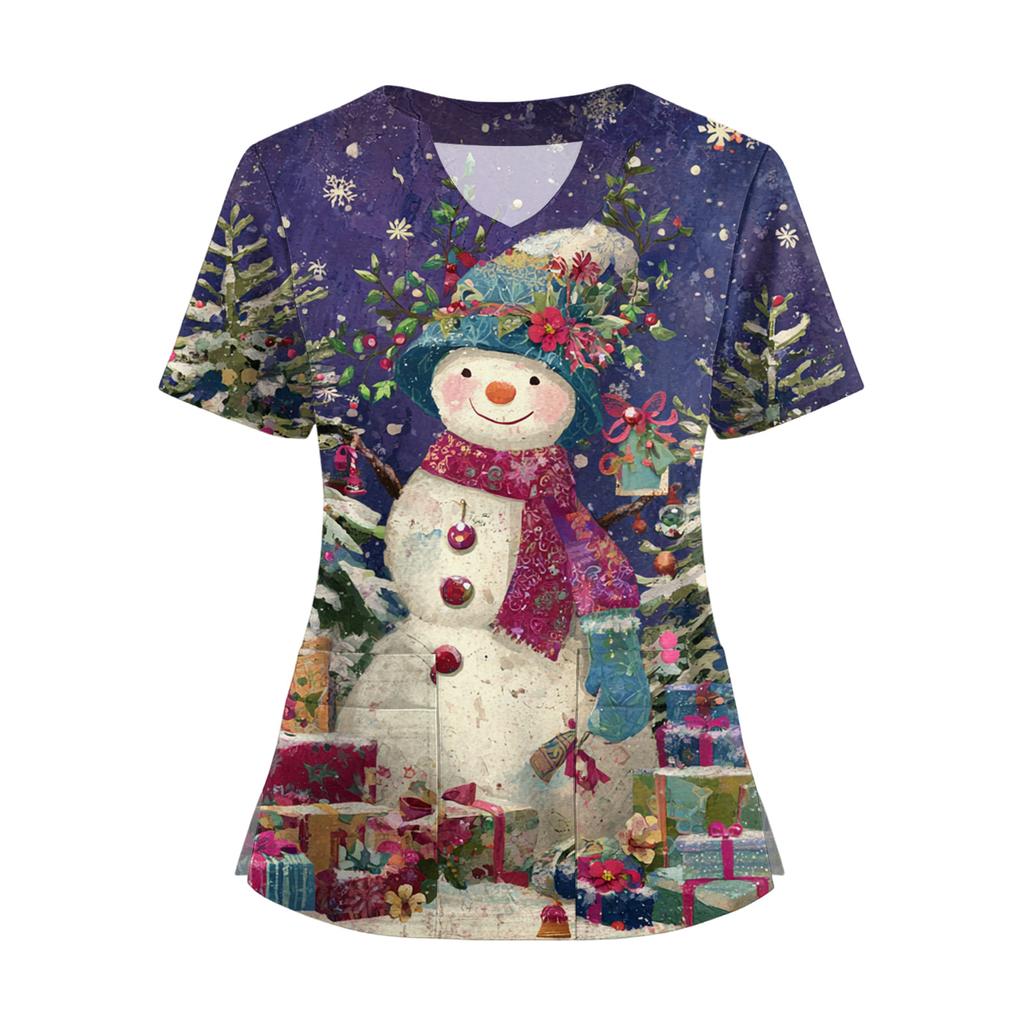 Women's Short Sleeved Christmas Printed V-neck Buttonable Side Slit Top T-shirt