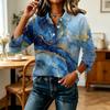 Women's Fashion Casual 3/4 Sleeve Patchwork Marble Print Shirt Button Down Collar Loose Fit Top for Everyday Wear