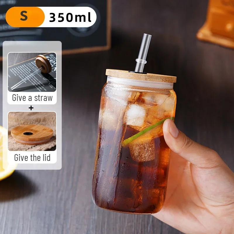 Drinking Cup Glasses with Bamboo Lid Juice Glass Straws Beer MugIce Coffee Mugs Cute Glasses Beer Jars Glasses Brush Drinkware